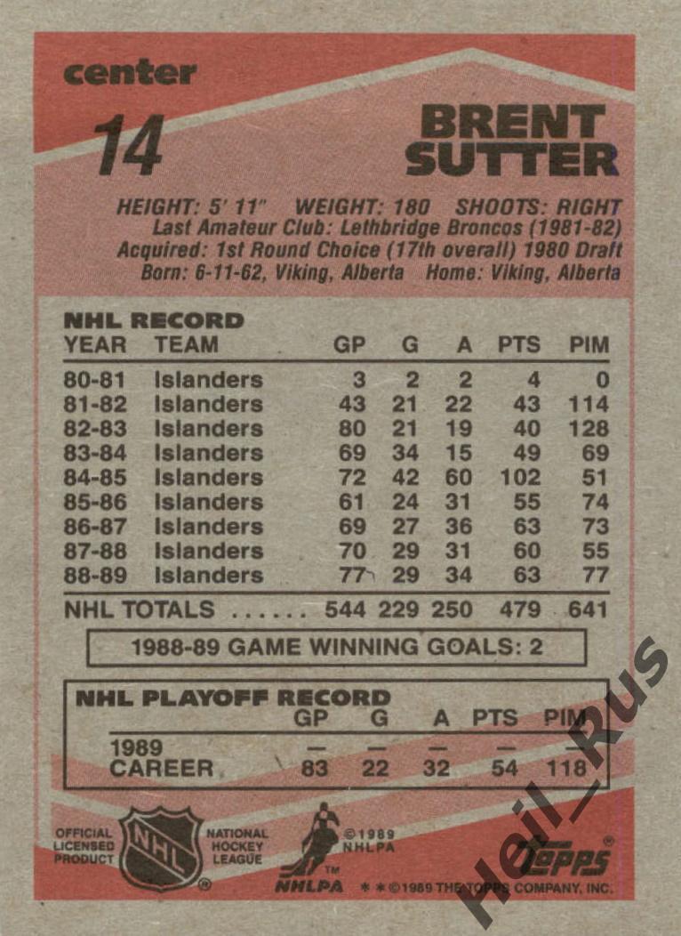 Карточка Brent Sutter/Брент Саттер New York Islanders/Нью-Йорк Айлендерс НХЛ/NHL 1