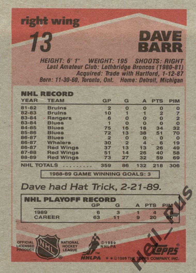 Хоккей; Карточка Dave Barr/Дэйв Барр Detroit Red Wings/Детройт Ред Уингз НХЛ/NHL 1