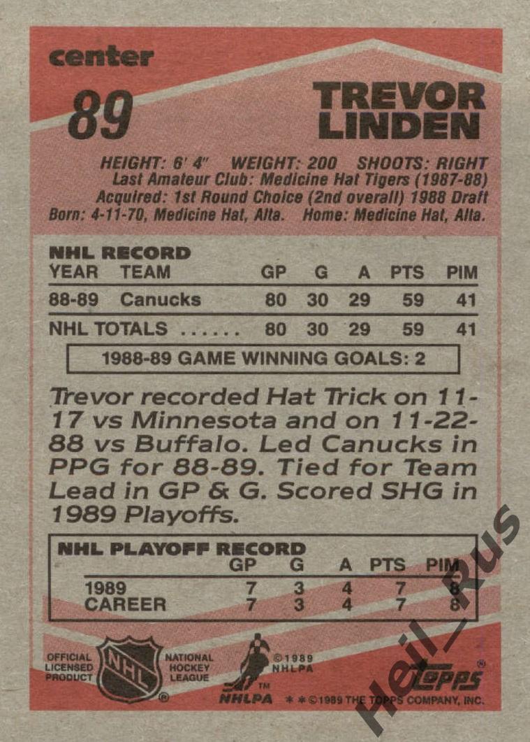 Хоккей Карточка Trevor Linden/Тревор Линден (Vancouver Canucks/Ванкувер) НХЛ/NHL 1