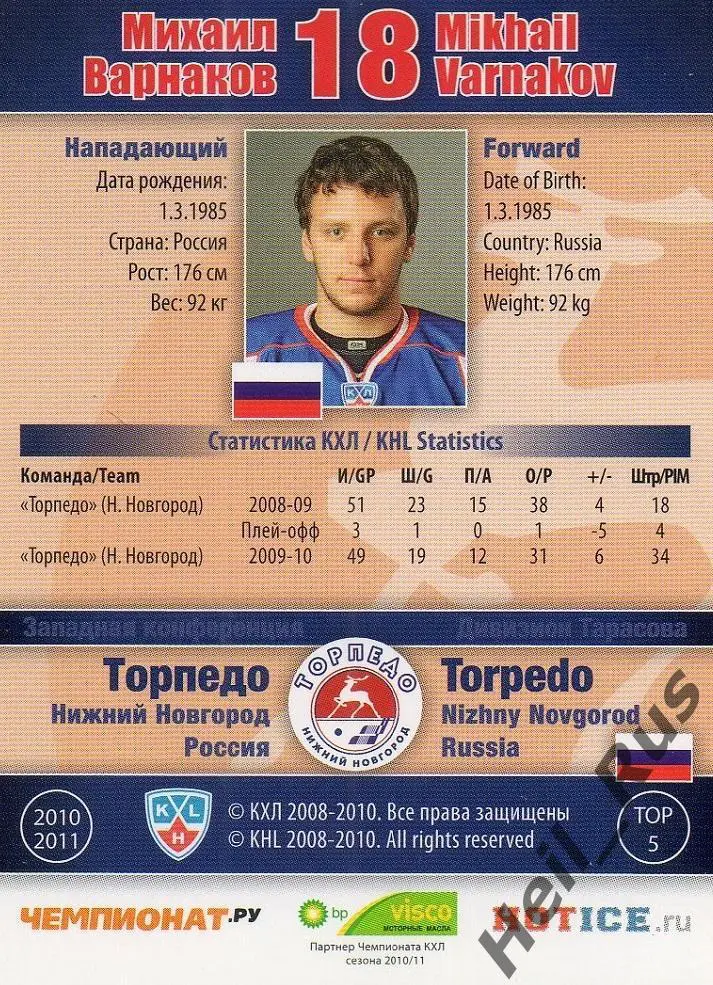 Хоккей; Карточка Михаил Варнаков Торпедо Нижний Новгород КХЛ/KHL 2010/11 SeReal 1