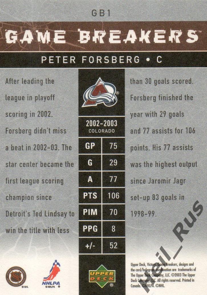 Карточка Peter Forsberg/Петер Форсберг (Colorado Avalanche / Колорадо) НХЛ/NHL 1