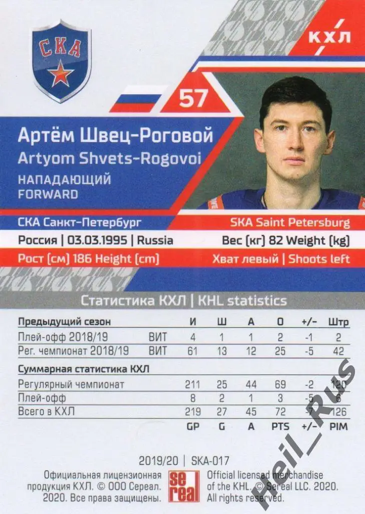 Хоккей. Карточка Артем Швец-Роговой СКА Санкт-Петербург КХЛ сезон 2019/20 SeReal 1