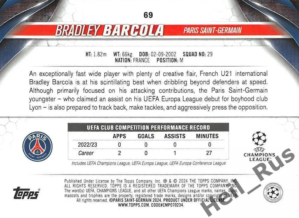 Футбол. Карточка Брэдли Баркола Пари Сен-Жермен/ПСЖ, Лион Лига Чемпионов 2023-24 1