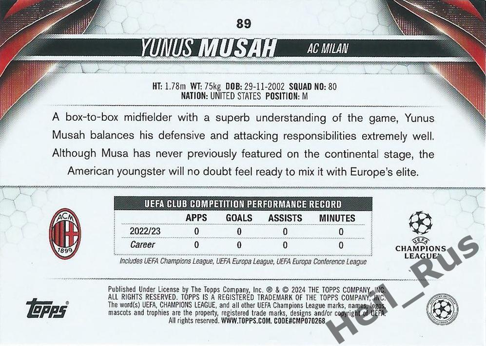 Футбол. Карточка Yunus Musah/Юнус Муса (Милан, Валенсия) Лига Чемпионов 2023-24 1