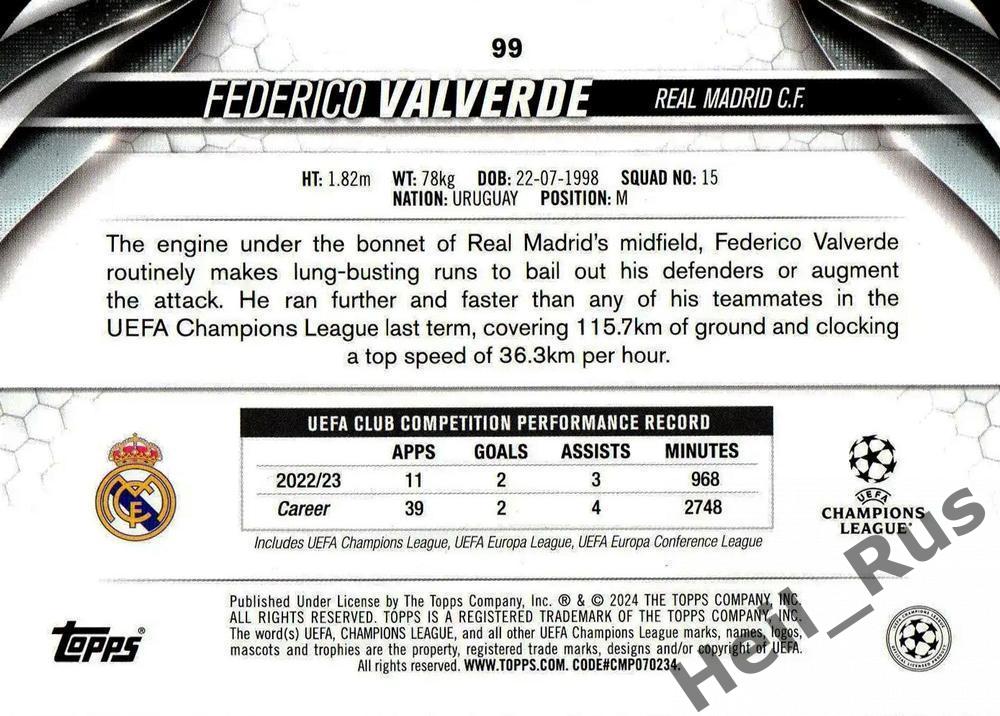 Футбол. Карточка Федерико Вальверде (Реал Мадрид) Лига Чемпионов 2023-24 TOPPS 1