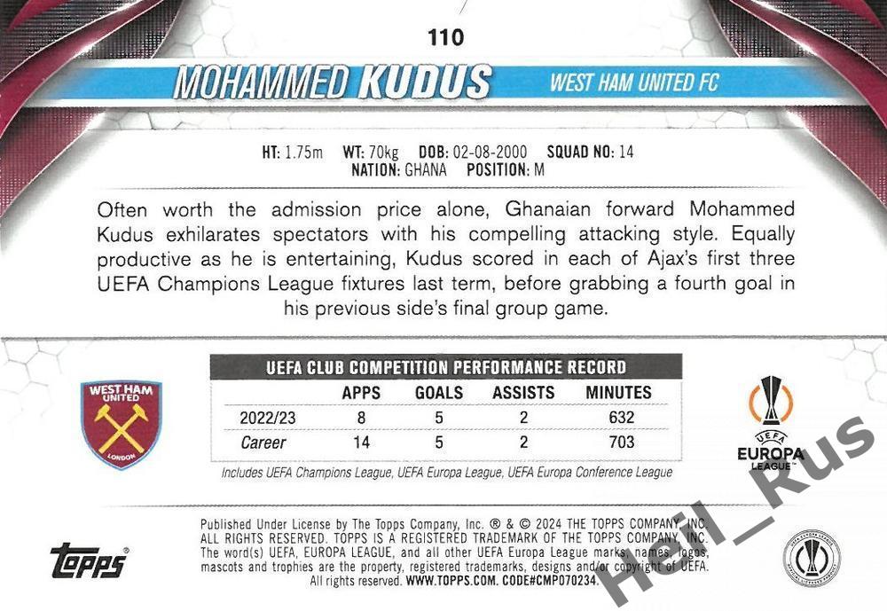 Карточка Mohammed Kudus/Мохаммед Кудус Вест Хэм Юнайтед/Аякс Лига Европы 2023-24 1