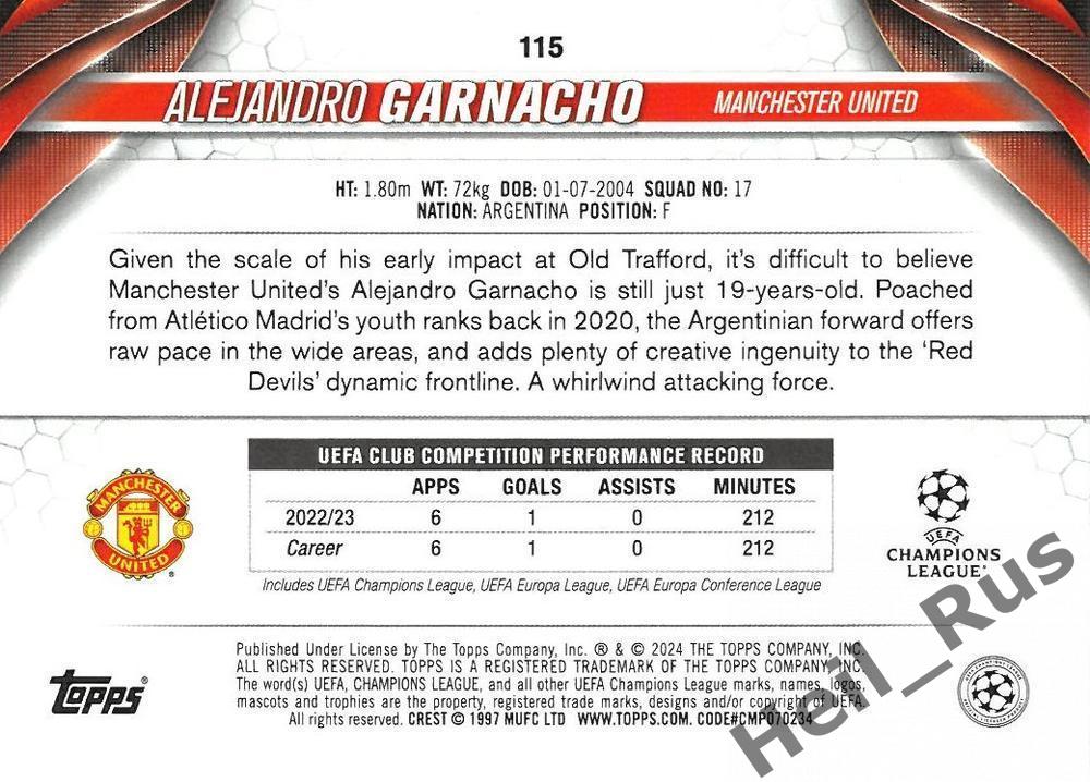 Футбол Карточка Алехандро Гарначо Манчестер Юнайтед Лига Чемпионов 2023-24 TOPPS 1