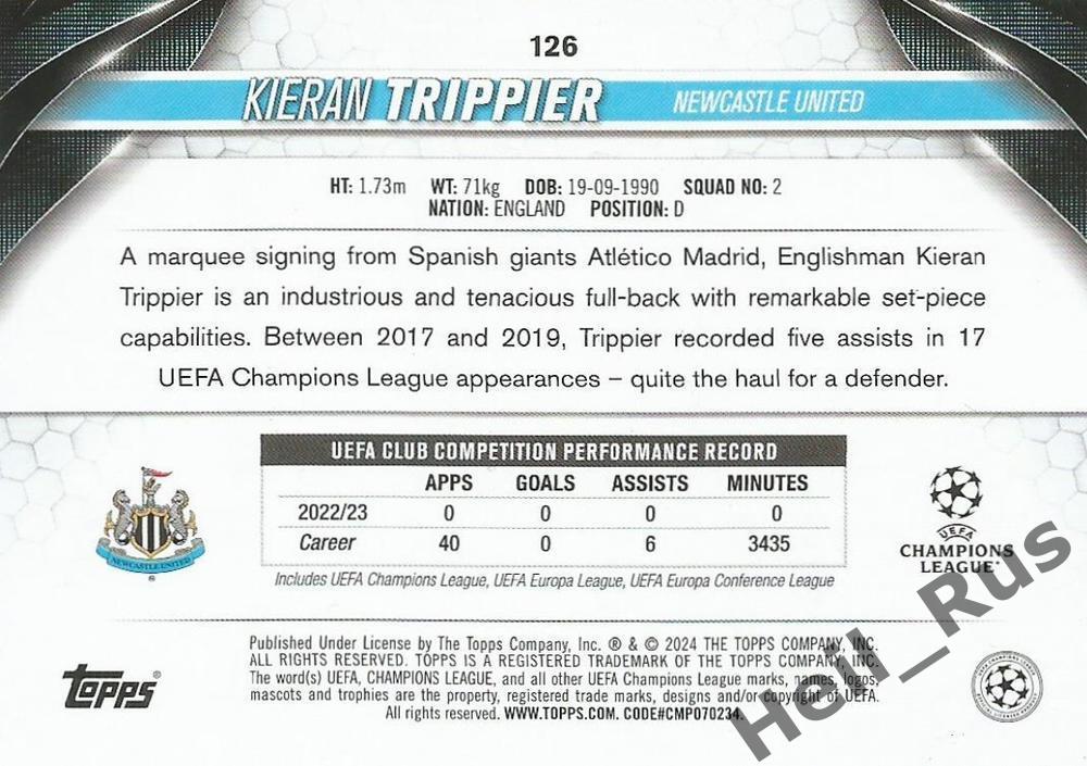 Карточка Киран Триппьер Ньюкасл Юнайтед, Атлетико Мадрид Лига Чемпионов 2023-24 1