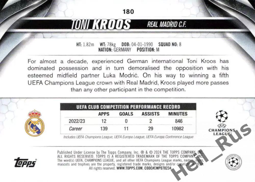 Футбол. Карточка Тони Кроос (Реал Мадрид, Бавария) Лига Чемпионов 2023-24 TOPPS 1