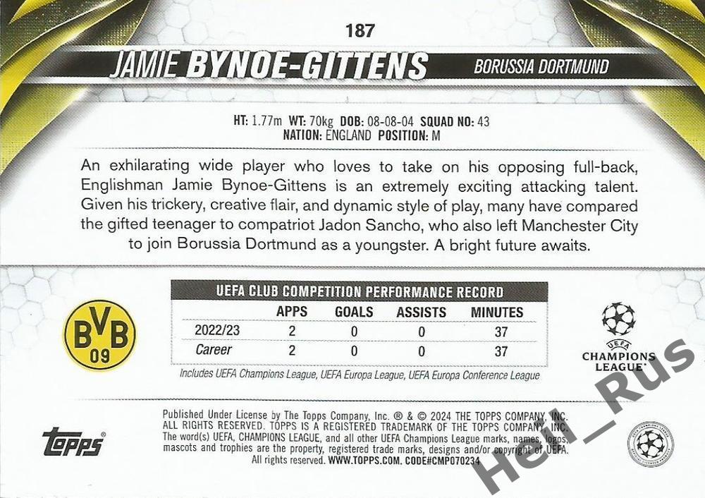 Футбол. Карточка Джейми Байно-Гиттенс (Боруссия Дортмунд) Лига Чемпионов 2023-24 1