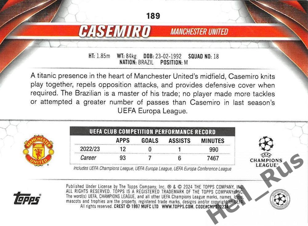 Футбол Карточка Каземиро (Манчестер Юнайтед, Реал Мадрид) Лига Чемпионов 2023-24 1