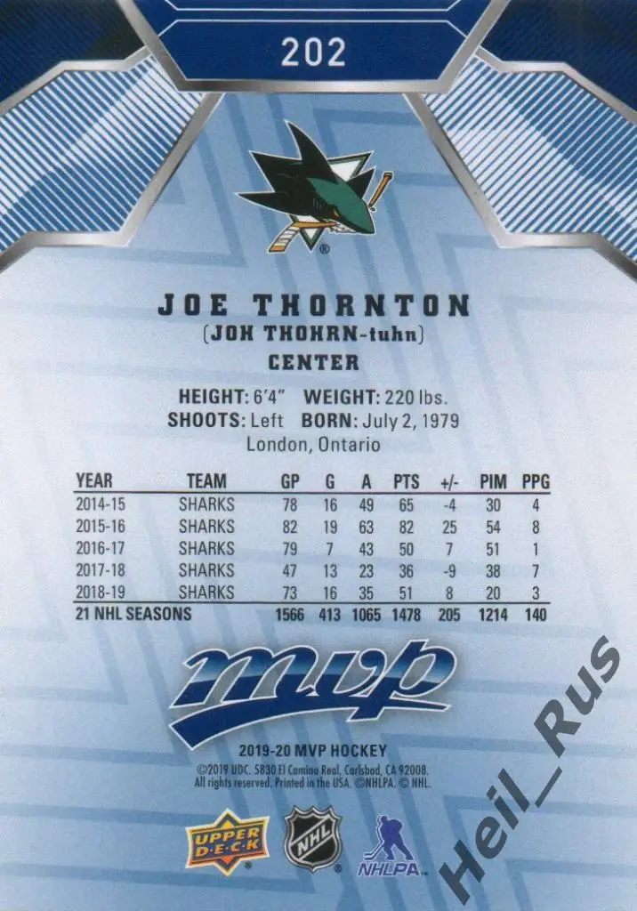 Хоккей Карточка Joe Thornton/Джо Торнтон San Jose Sharks/Сан-Хосе Шаркс НХЛ/NHL 1