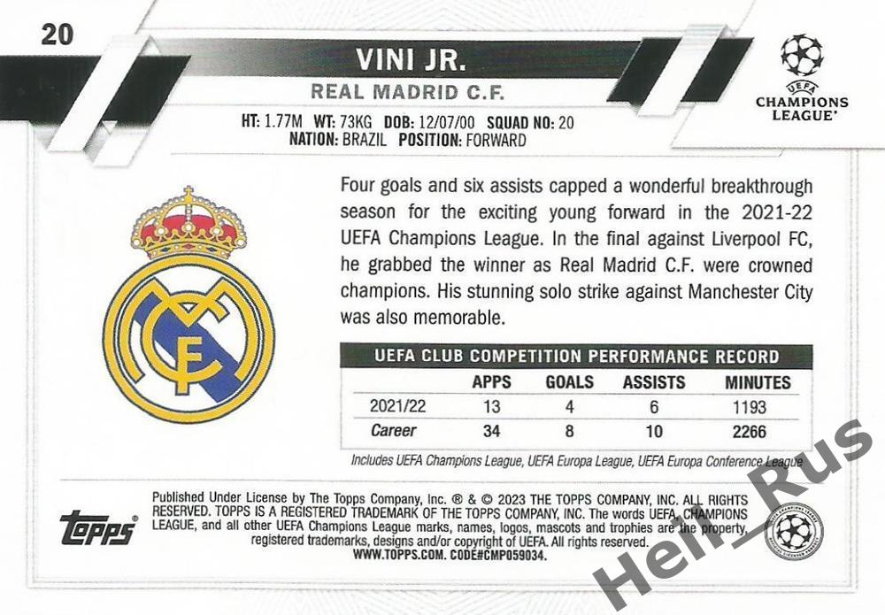 Футбол. Карточка Vinicius Jr/Винисиус Жуниор Реал Мадрид Лига Чемпионов 2022-23 1