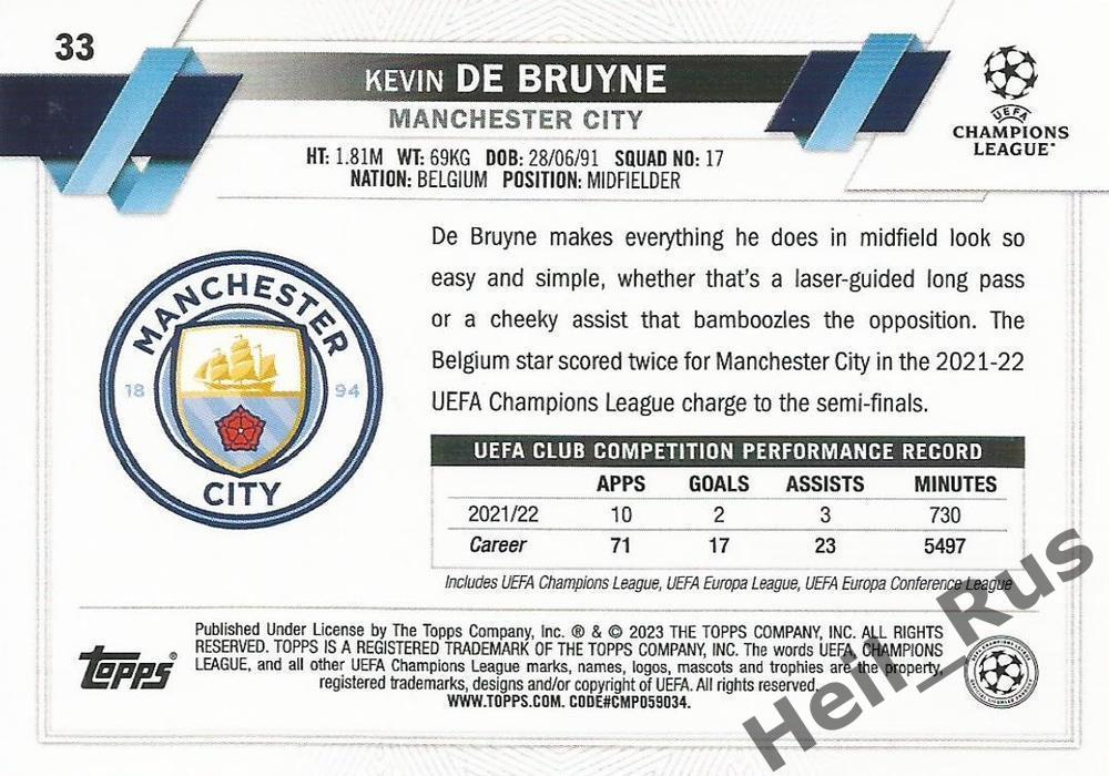 Футбол. Карточка Кевин Де Брейне (Манчестер Сити, Челси) Лига Чемпионов 2022-23 1