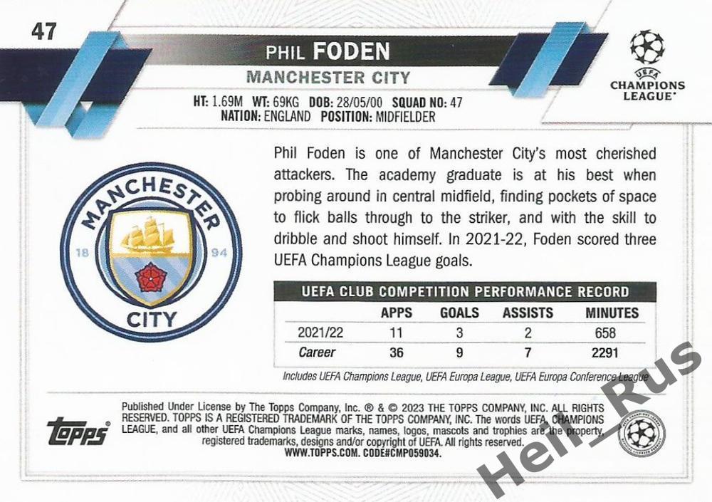 Футбол Карточка Phil Foden/Фил Фоден Манчестер Сити Лига Чемпионов 2022-23 TOPPS 1