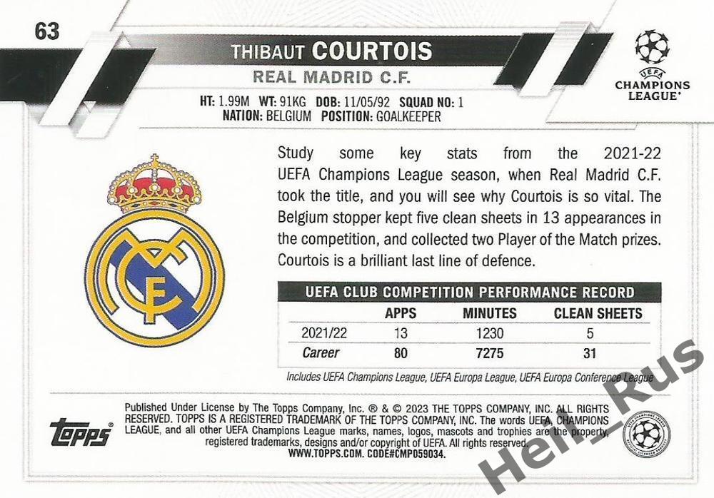 Футбол. Карточка Тибо Куртуа Реал, Атлетико Мадрид, Челси Лига Чемпионов 2022-23 1