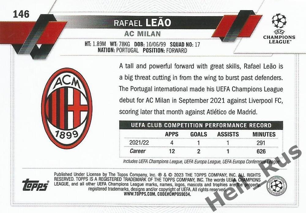 Футбол. Карточка Rafael Leao/Рафаэл Леау (Милан, Лилль) Лига Чемпионов 2022-23 1