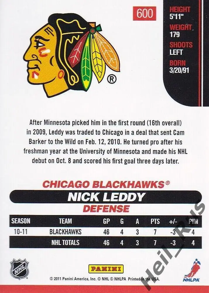 Хоккей. Карточка Nick Leddy/Ник Ледди Chicago Blackhawks/Чикаго Блэкхокс НХЛ/NHL 1