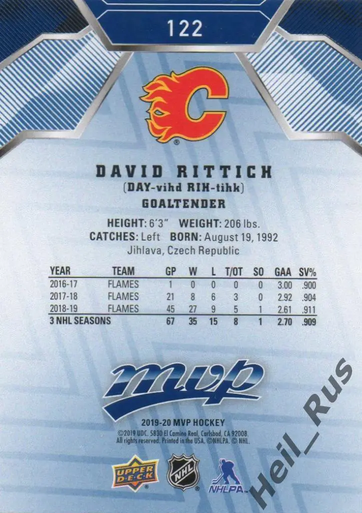 Хоккей. Карточка David Rittich / Давид Риттих (Calgary Flames / Калгари) НХЛ/NHL 1