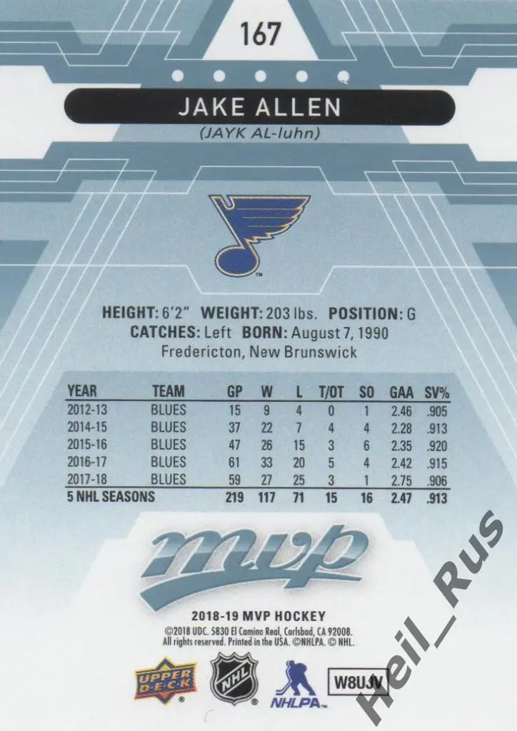 Хоккей. Карточка Jake Allen/Джейк Аллен (St. Louis Blues/Сент-Луис Блюз) НХЛ/NHL 1