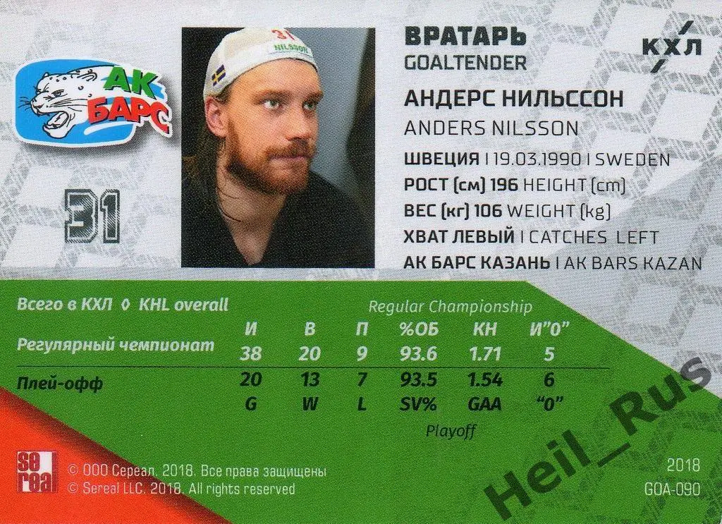 Хоккей. Карточка Андерс Нильссон (Ак Барс Казань) КХЛ/KHL SeReal, тираж 12/18 1