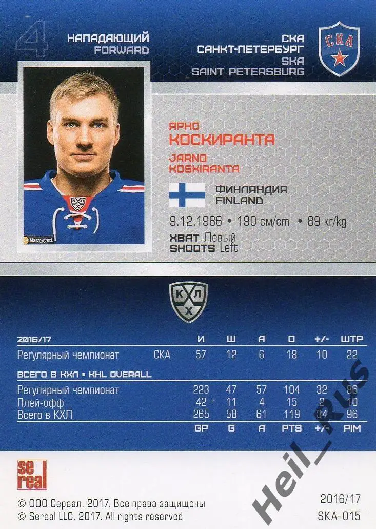 Хоккей Карточка Ярно Коскиранта СКА Санкт-Петербург КХЛ/KHL сезон 2016/17 SeReal 1