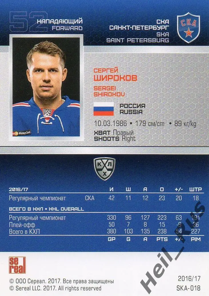 Хоккей. Карточка Сергей Широков СКА Санкт-Петербург КХЛ/KHL сезон 2016/17 SeReal 1