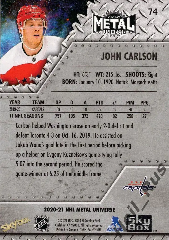 Хоккей Карточка John Carlson/Джон Карлсон Washington Capitals/Вашингтон NHL/НХЛ 1