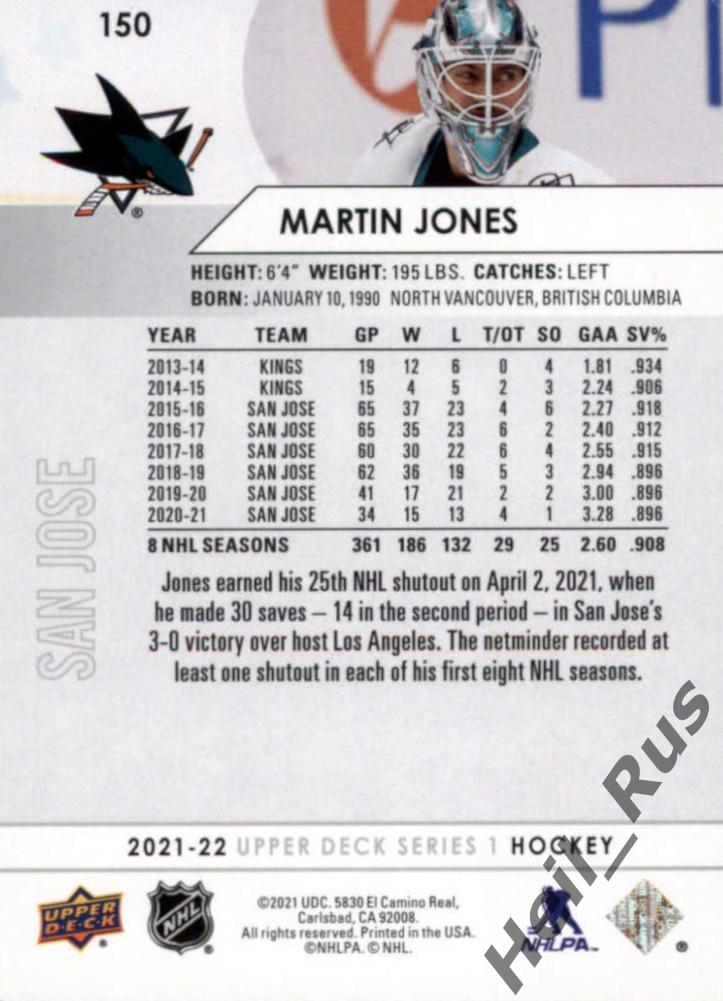 Хоккей Карточка Martin Jones/Мартин Джонс San Jose Sharks/Сан-Хосе Шаркс НХЛ/NHL 1