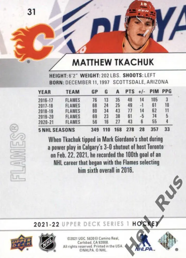 Хоккей Карточка Matthew Tkachuk/Мэттью Ткачук (Calgary Flames/Калгари) НХЛ/NHL 1
