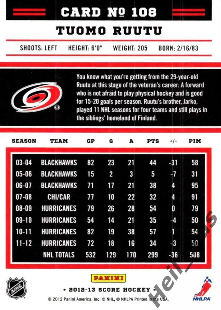 Хоккей Карточка Tuomo Ruutu/Туомо Рууту (Carolina Hurricanes/Каролина) НХЛ/NHL 1