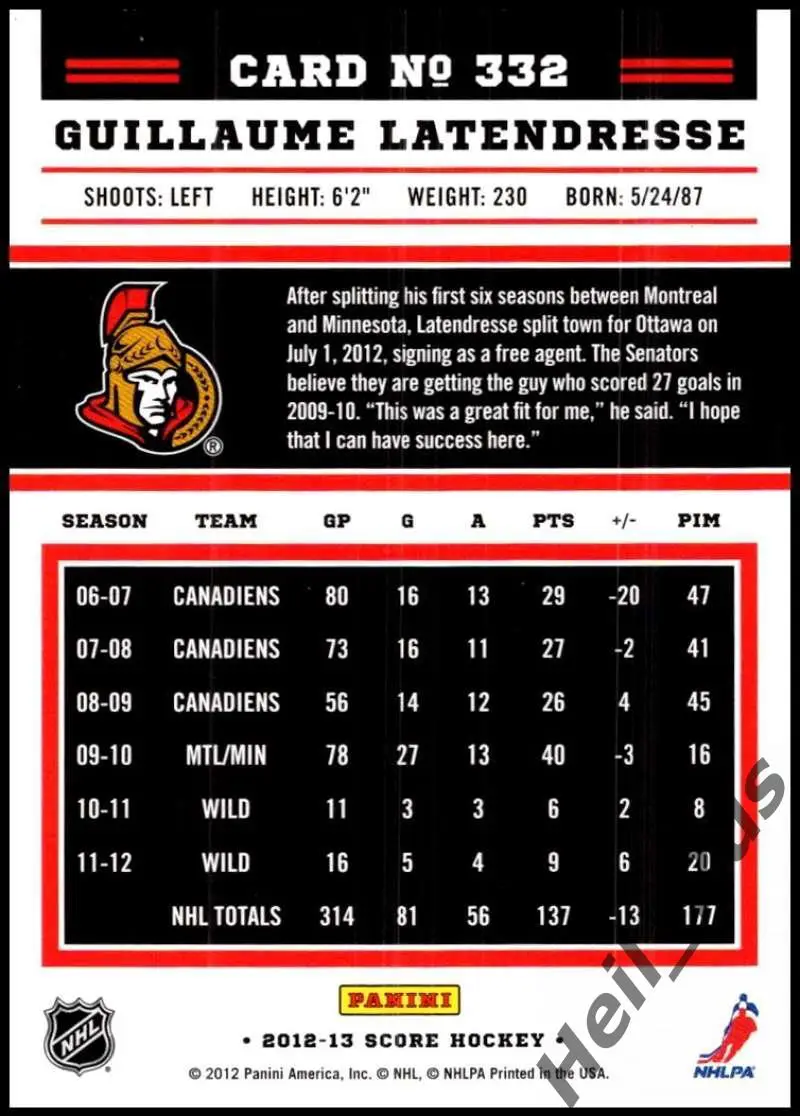 Карточка Гийом Латендресс (Ottawa Senators/Оттава, Minnesota Wild/Миннесота) НХЛ 1