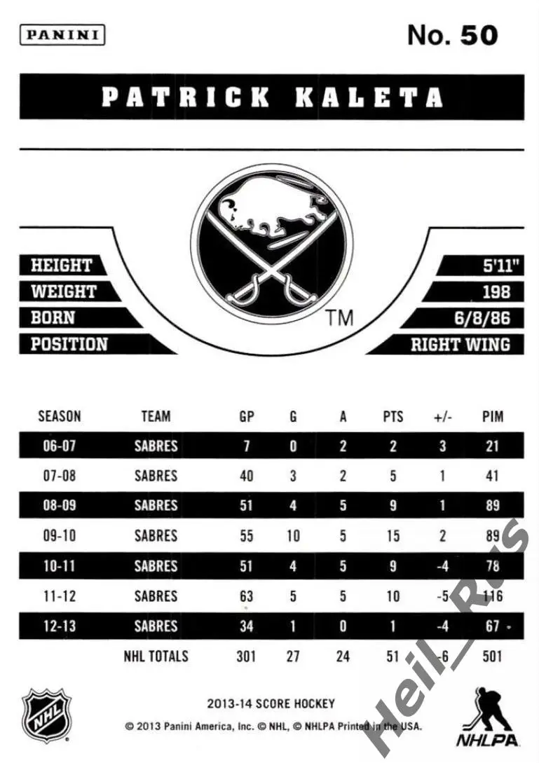 Хоккей. Карточка Patrick Kaleta/Патрик Калета (Buffalo Sabres/Баффало) НХЛ/NHL 1