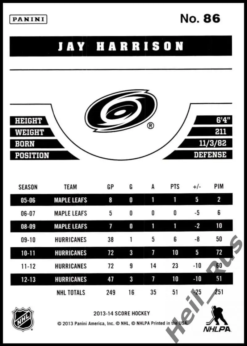 Хоккей. Карточка Jay Harrison/Джей Харрисон Carolina Hurricanes/Каролина НХЛ/NHL 1