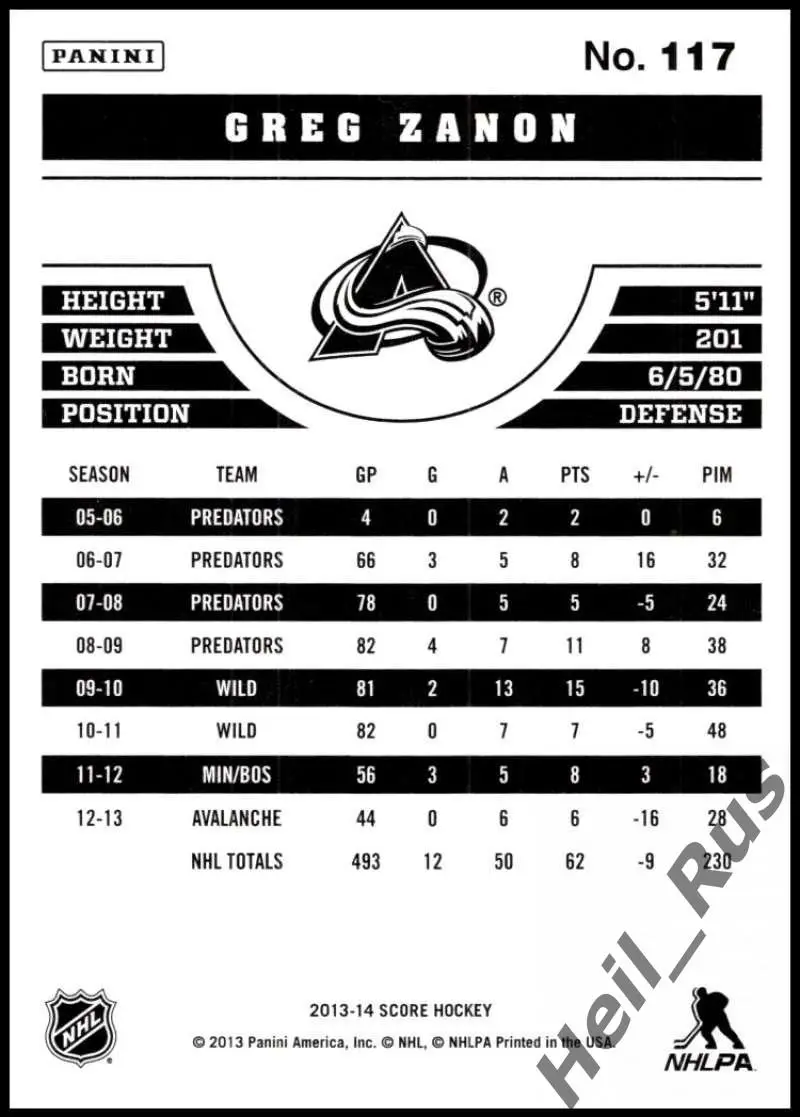 Хоккей. Карточка Greg Zanon/Грег Занон (Colorado Avalanche/Колорадо) НХЛ/NHL 1