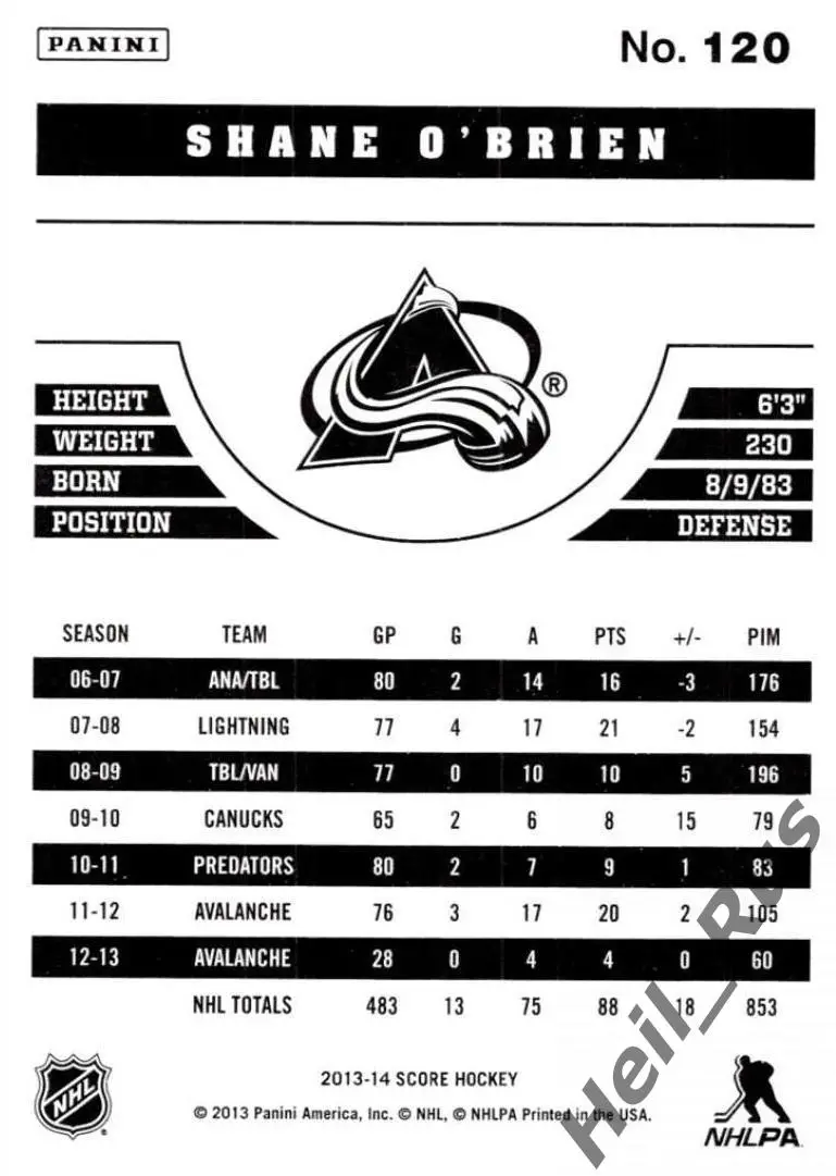 Хоккей. Карточка Shane O'Brien/Шейн О'Брайен Colorado Avalanche/Колорадо НХЛ/NHL 1