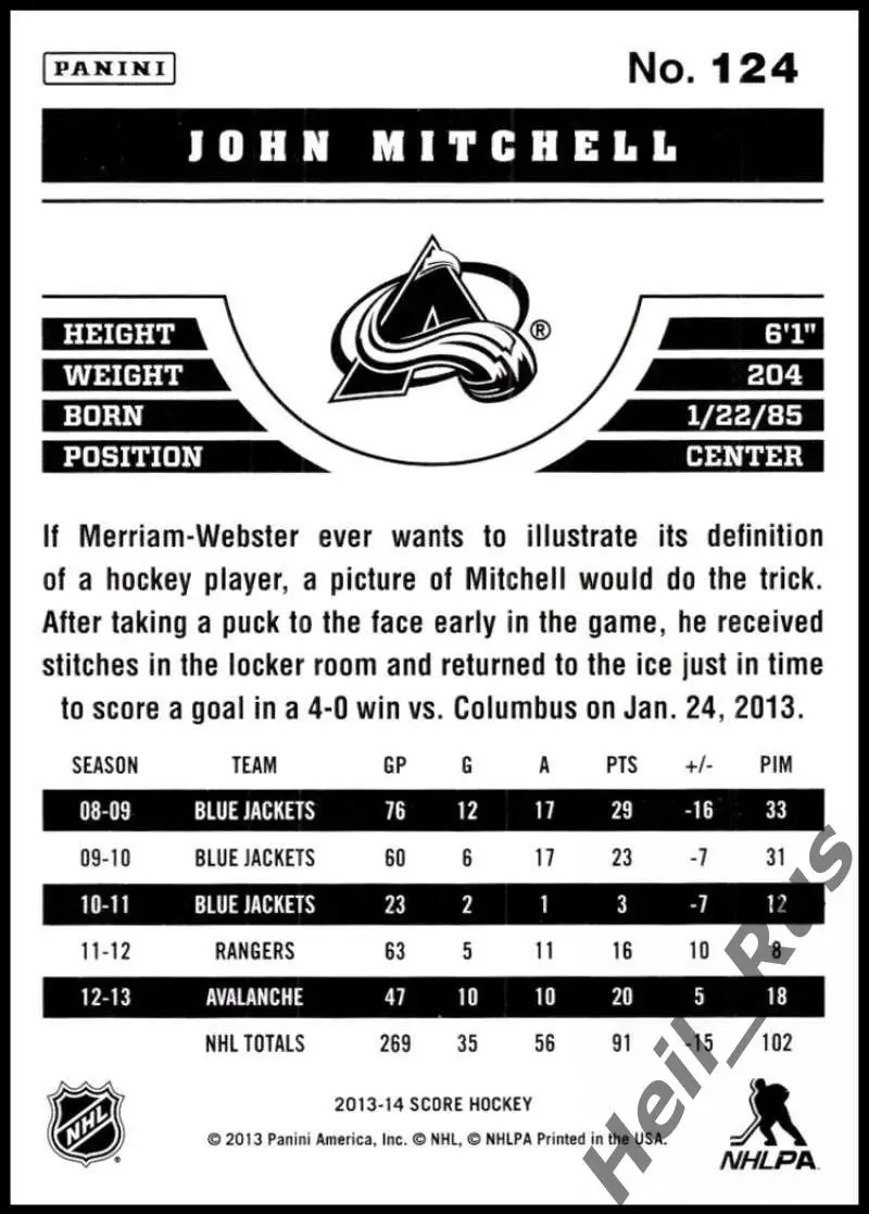 Хоккей. Карточка John Mitchell/Джон Митчелл Colorado Avalanche/Колорадо НХЛ/NHL 1