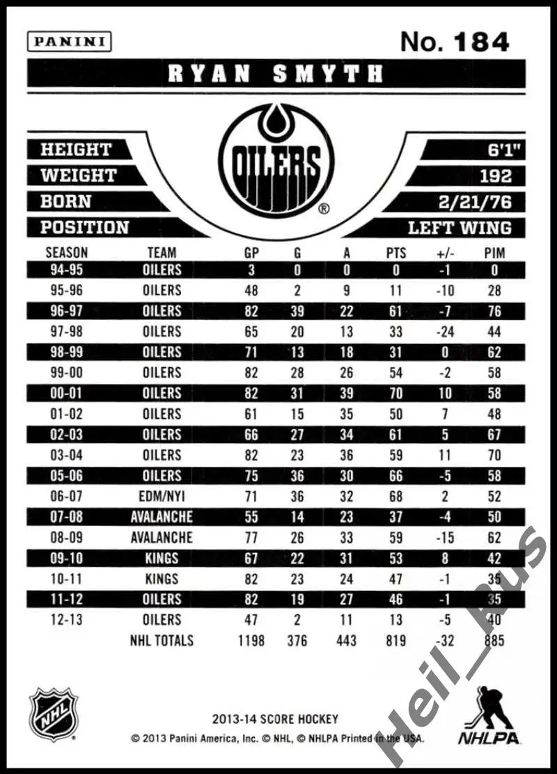Хоккей. Карточка Ryan Smyth/Райан Смит Edmonton Oilers / Эдмонтон Ойлерз НХЛ/NHL 1