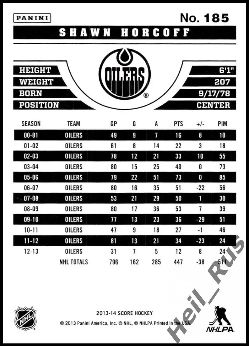 Хоккей. Карточка Shawn Horcoff / Шон Хоркофф (Edmonton Oilers/Эдмонтон) НХЛ/NHL 1