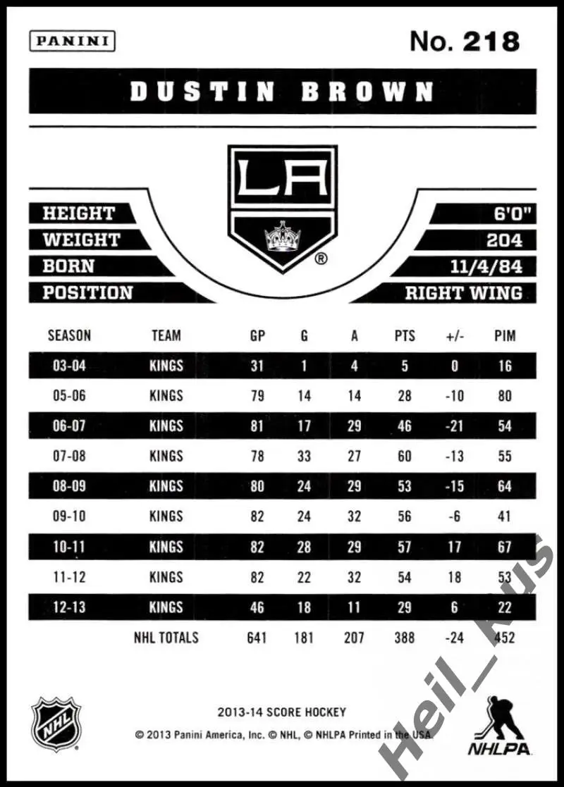 Карточка Dustin Brown/Дастин Браун Los Angeles Kings/Лос-Анджелес Кингз NHL/НХЛ 1
