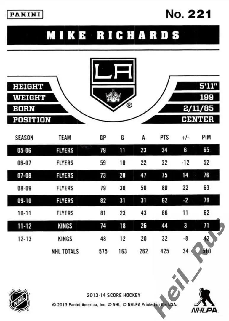 Карточка Mike Richards/Майк Ричардс Los Angeles Kings/Лос-Анджелес Кингз НХЛ/NHL 1