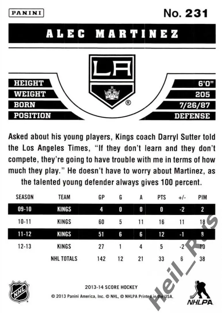 Карточка Alec Martinez/Алек Мартинес (Los Angeles Kings/Лос-Анджелес) НХЛ/NHL 1