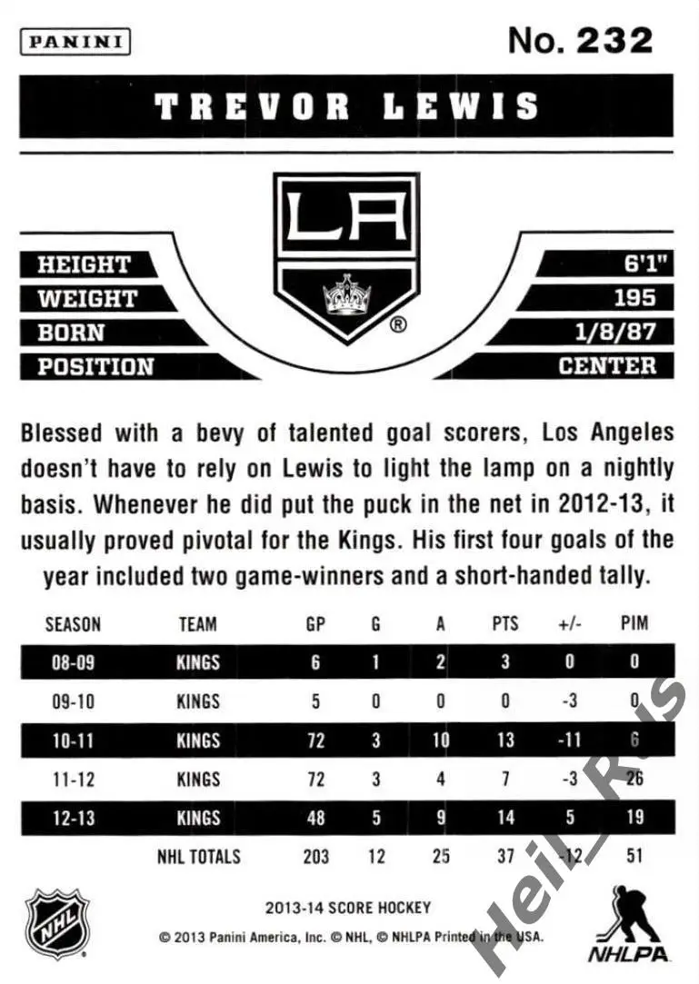 Карточка Trevor Lewis/Тревор Льюис Los Angeles Kings/Лос-Анджелес Кингз НХЛ/NHL 1