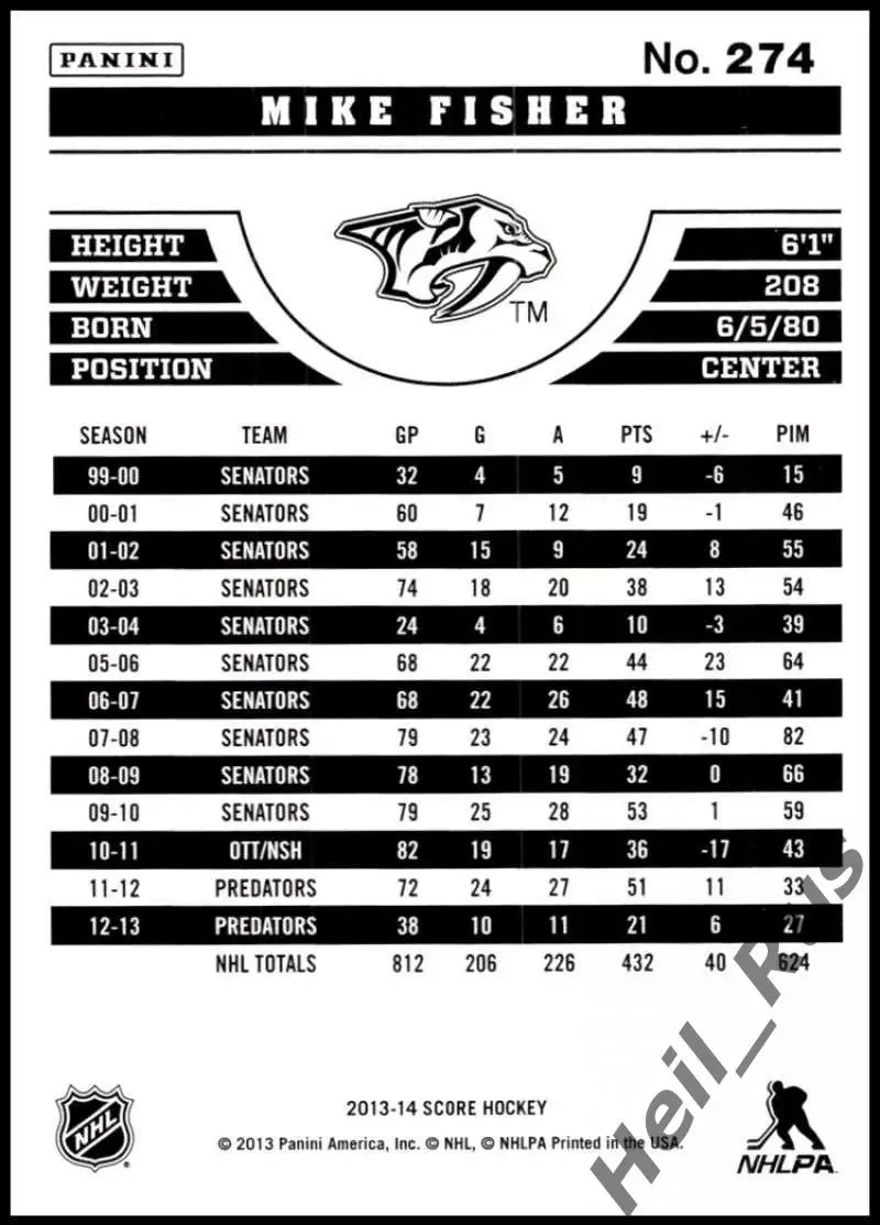 Хоккей. Карточка Mike Fisher / Майк Фишер (Nashville Predators/Нэшвилл) НХЛ/NHL 1