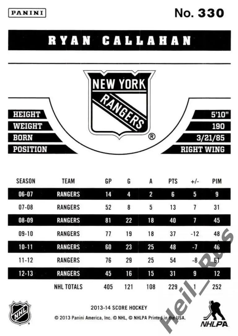Карточка R. Callahan/Райан Кэллахан New York Rangers/Нью-Йорк Рейнджерс НХЛ/NHL 1