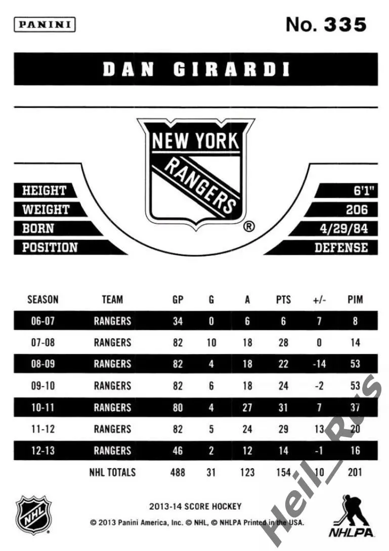 Карточка Dan Girardi/Даниэль Жирарди New York Rangers/Нью-Йорк Рейнджерс НХЛ/NHL 1