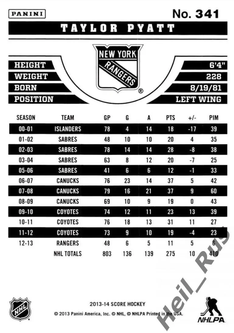 Карточка Taylor Pyatt/Тэйлор Пайэтт New York Rangers/Нью-Йорк Рейнджерс НХЛ/NHL 1