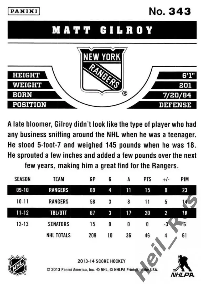 Карточка Мэттью Гилрой New York Rangers/Нью-Йорк Рейнджерс, Спартак НХЛ/NHL, КХЛ 1