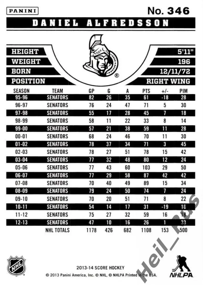 Карточка Daniel Alfredsson/Даниэль Альфредссон (Ottawa Senators/Оттава) НХЛ/NHL 1