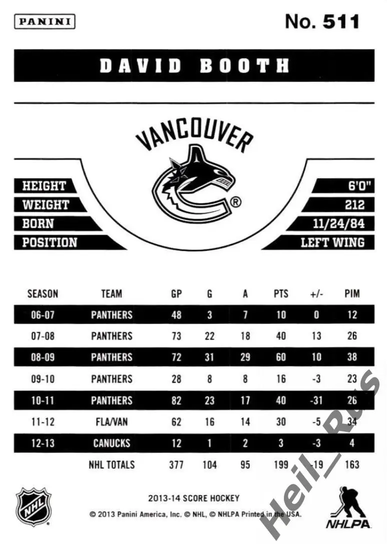 Карточка Дэвид Бут Vancouver Canucks, Адмирал, Авангард Динамо Минск НХЛ/NHL/КХЛ 1